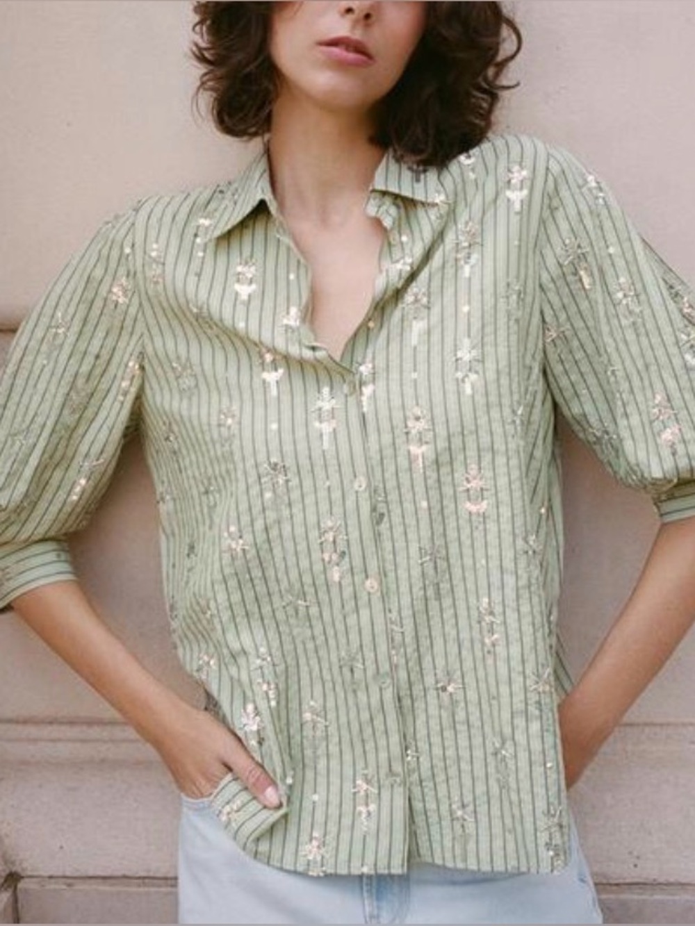 Zara Striped Sequin Button Down Shirt NWT Green Silver Size M
